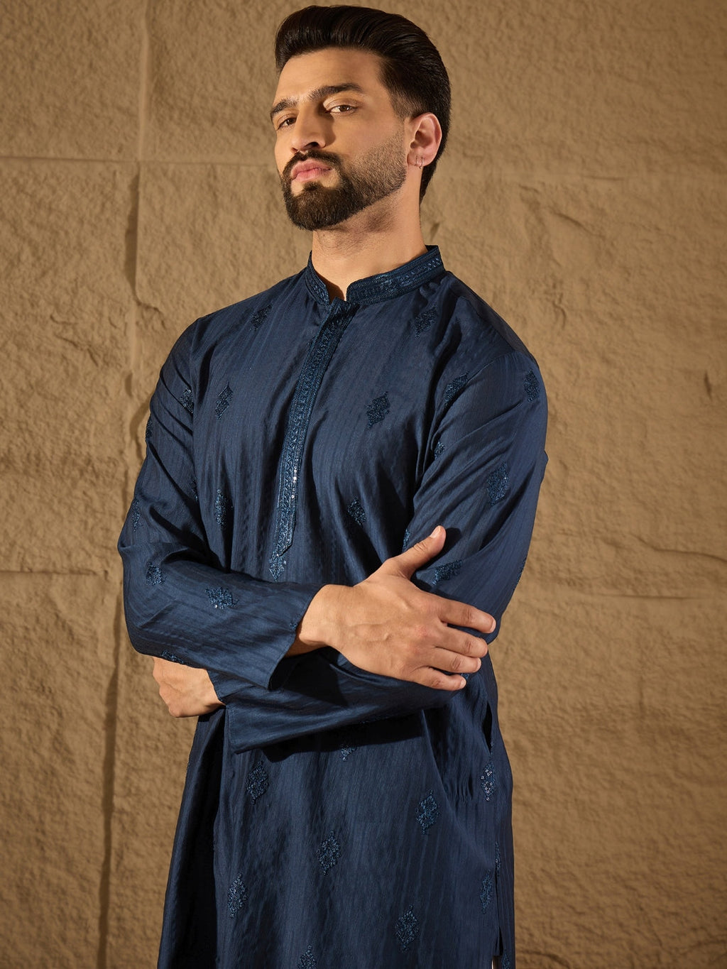 Men Blue Viscose Rayon Solid Embroidered Straight Kurta with Trouser-MKSET1293