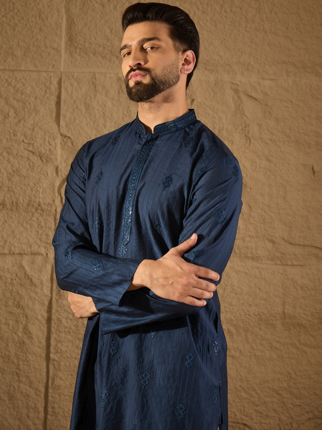 Men Blue Viscose Rayon Solid Embroidered Straight Kurta with Trouser-MKSET1293