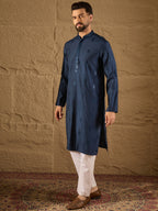 Men Blue Viscose Rayon Solid Embroidered Straight Kurta with Trouser-MKSET1293