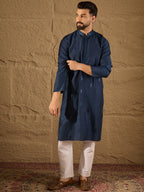 Men Blue Viscose Rayon Solid Embroidered Straight Kurta with Trouser-MKSET1293