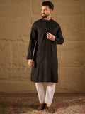 Men Black Viscose Rayon Solid Embroidered Straight Kurta with Trouser-MKSET1294