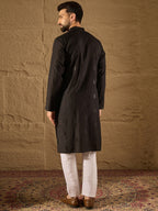 Men Black Viscose Rayon Solid Embroidered Straight Kurta with Trouser-MKSET1294