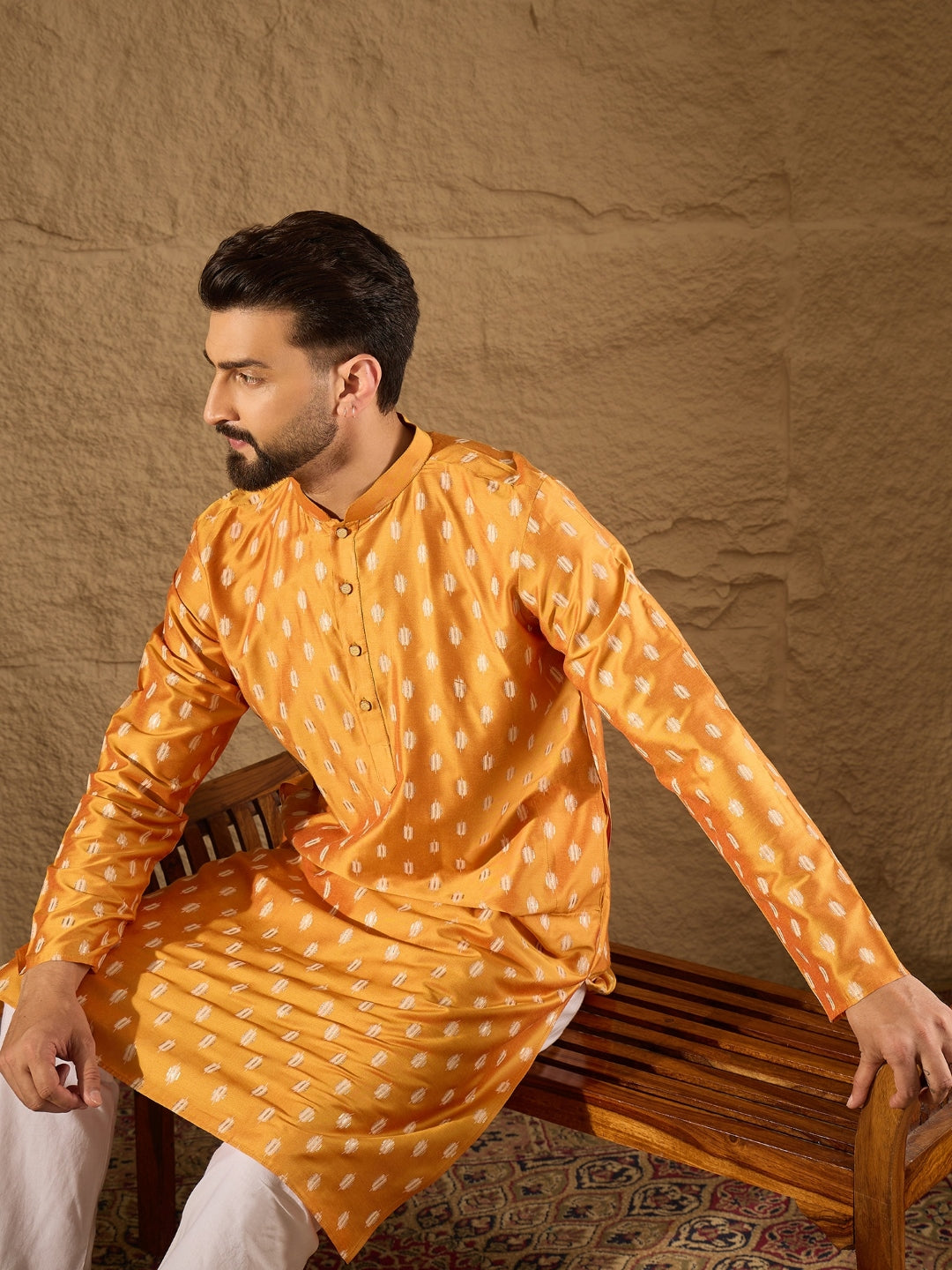Men Yellow Silk Blend Abstract Printed Straight Kurta with Trouser-MKSET1298