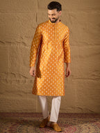 Men Yellow Silk Blend Abstract Printed Straight Kurta with Trouser-MKSET1298