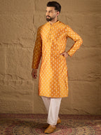 Men Yellow Silk Blend Abstract Printed Straight Kurta with Trouser-MKSET1298