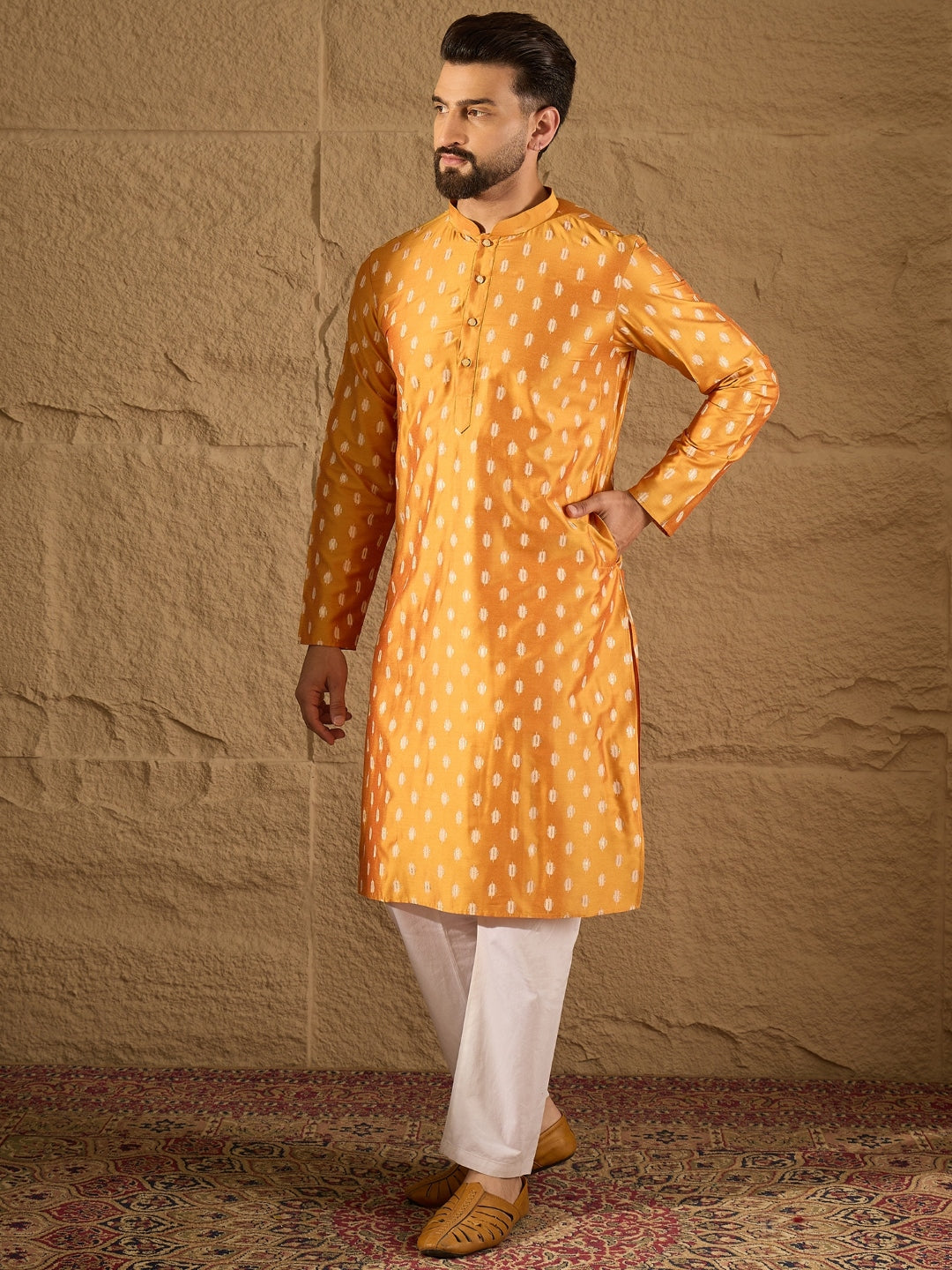 Men Yellow Silk Blend Abstract Printed Straight Kurta with Trouser-MKSET1298