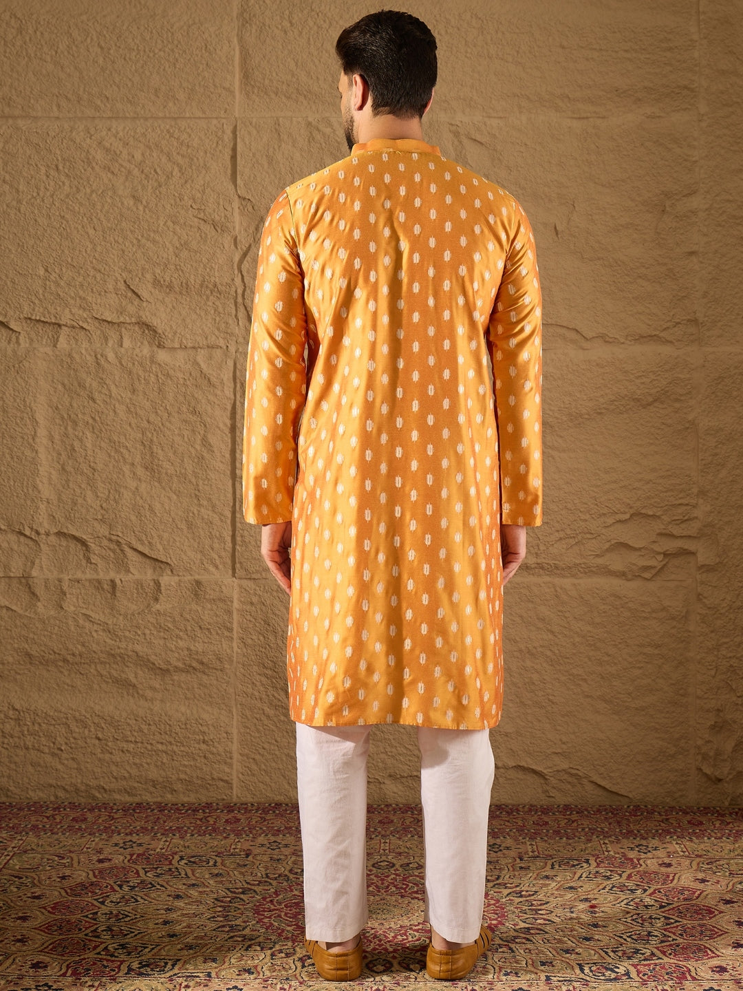 Men Yellow Silk Blend Abstract Printed Straight Kurta with Trouser-MKSET1298