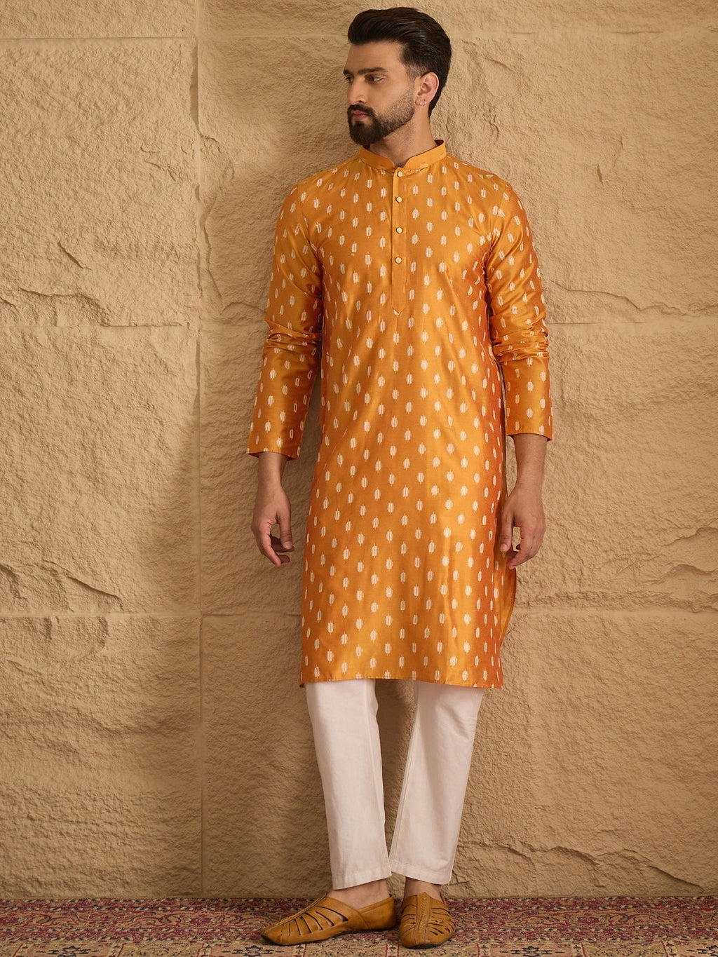Men Yellow Silk Blend Abstract Printed Straight Kurta with Trouser-MKSET1298
