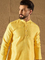 Men Yellow Silk Blend Solid Embroidered Straight Kurta with Trouser-MKSET1300