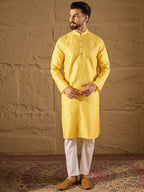 Men Yellow Silk Blend Solid Embroidered Straight Kurta with Trouser-MKSET1300