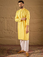 Men Yellow Silk Blend Solid Embroidered Straight Kurta with Trouser-MKSET1300