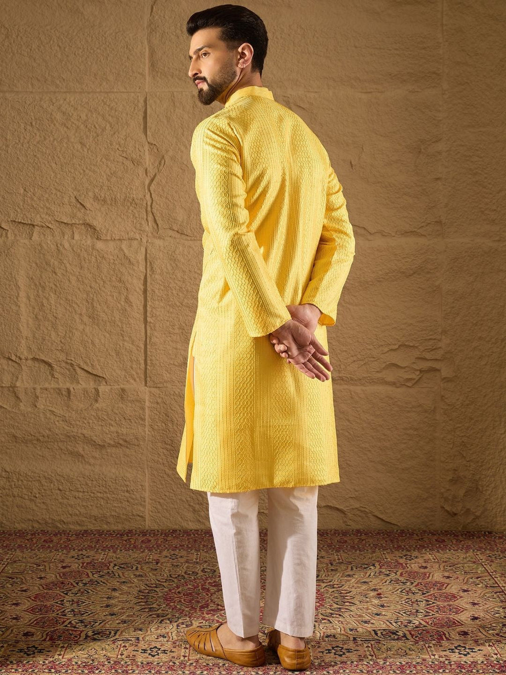 Men Yellow Silk Blend Solid Embroidered Straight Kurta with Trouser-MKSET1300