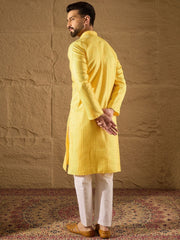 Men Yellow Silk Blend Solid Embroidered Straight Kurta with Trouser-MKSET1300