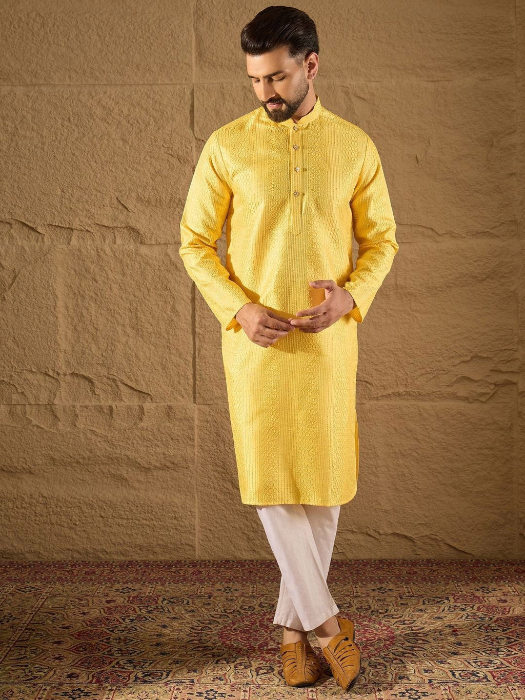 Men Yellow Silk Blend Solid Embroidered Straight Kurta with Trouser-MKSET1300