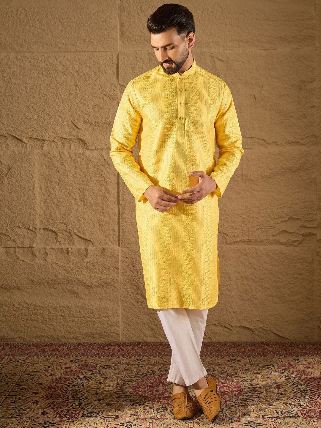 Men Yellow Silk Blend Solid Embroidered Straight Kurta with Trouser-MKSET1300