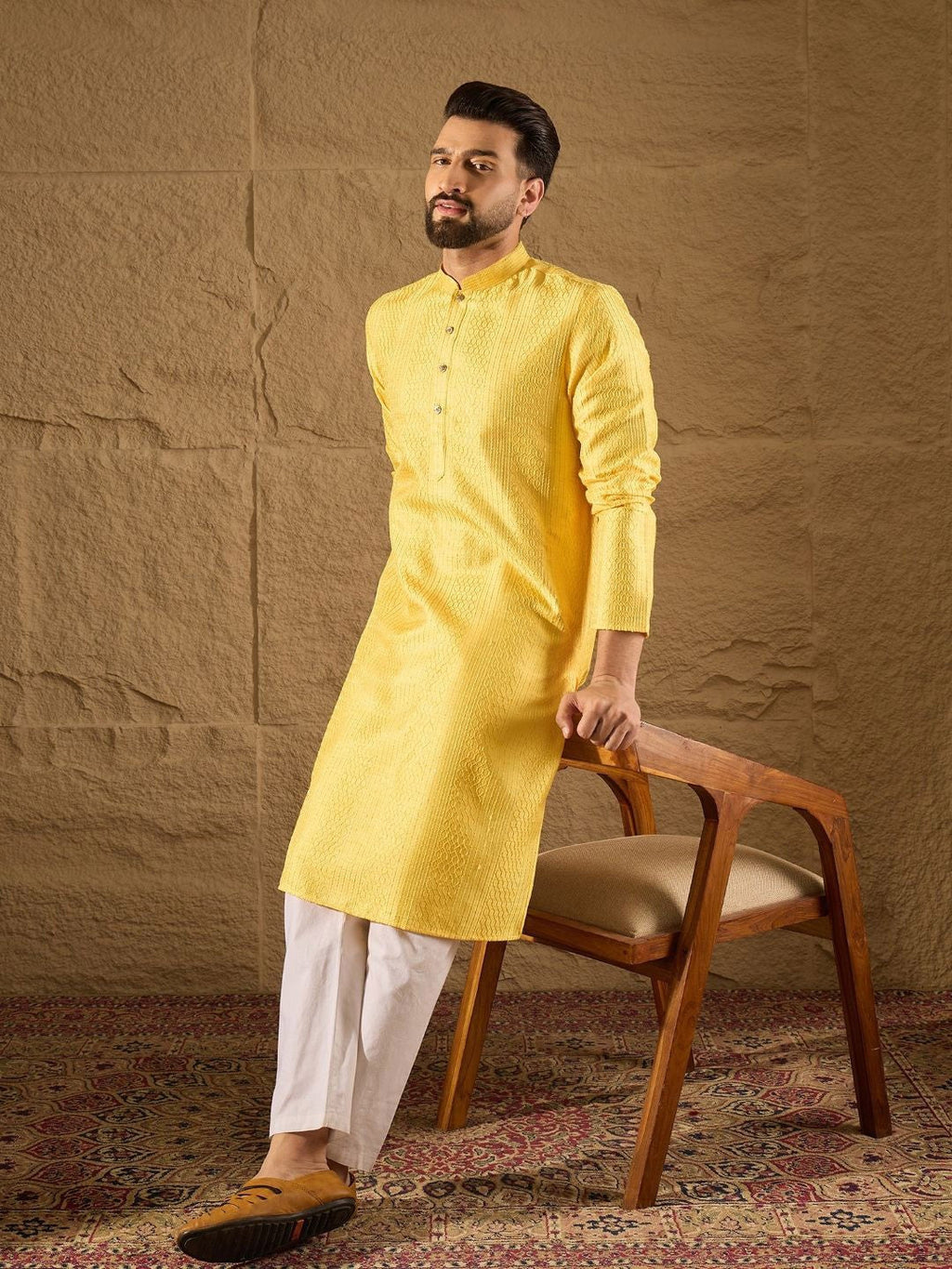 Men Yellow Silk Blend Solid Embroidered Straight Kurta with Trouser-MKSET1300