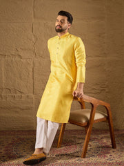 Men Yellow Silk Blend Solid Embroidered Straight Kurta with Trouser-MKSET1300
