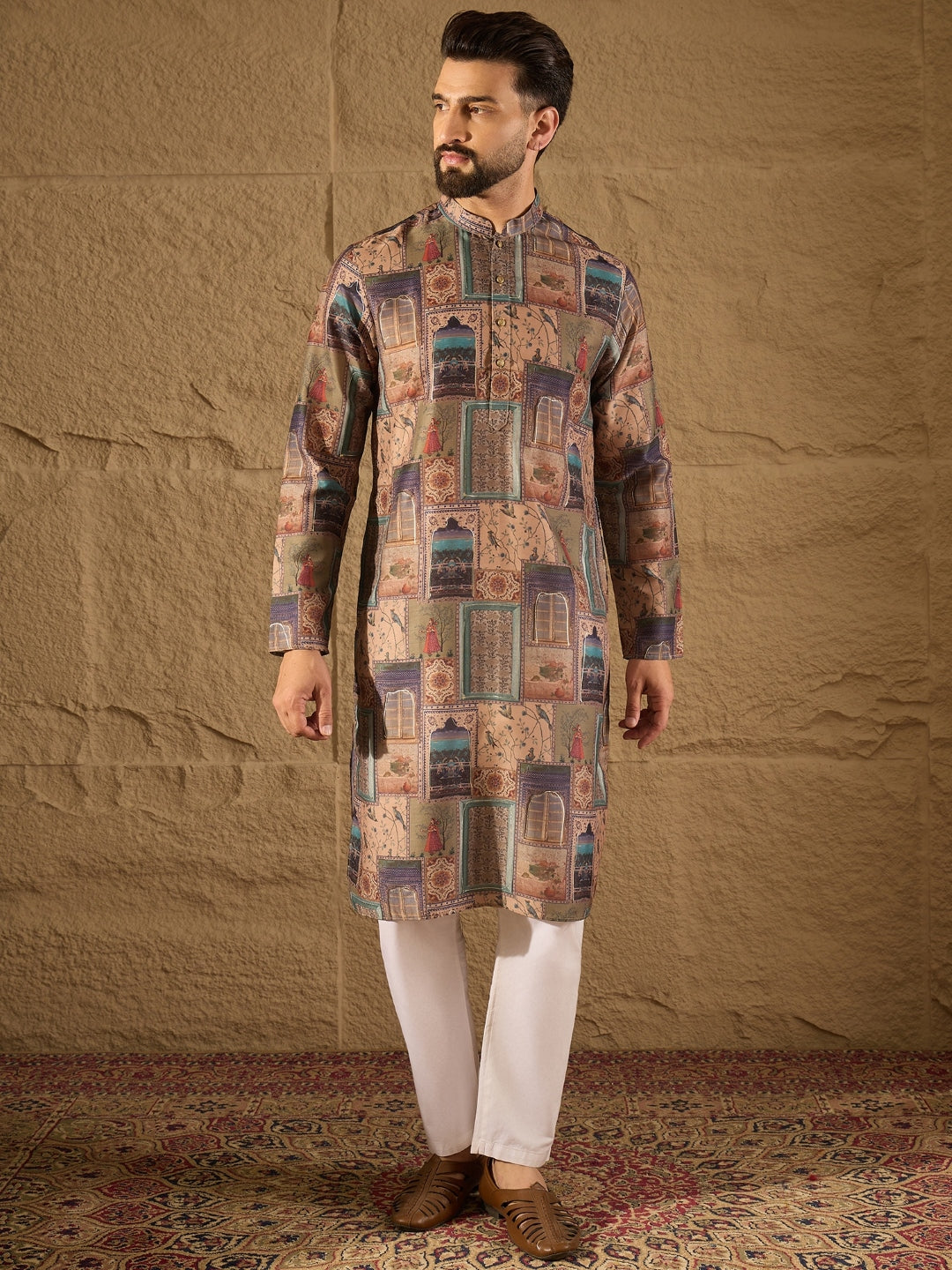 Men Multi Viscose Rayon Ethnic Motifs Embroidered Straight Kurta with Trouser-MKSET1306