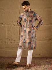 Men Multi Viscose Rayon Ethnic Motifs Embroidered Straight Kurta with Trouser-MKSET1306