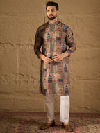Men Multi Viscose Rayon Ethnic Motifs Embroidered Straight Kurta with Trouser-MKSET1306