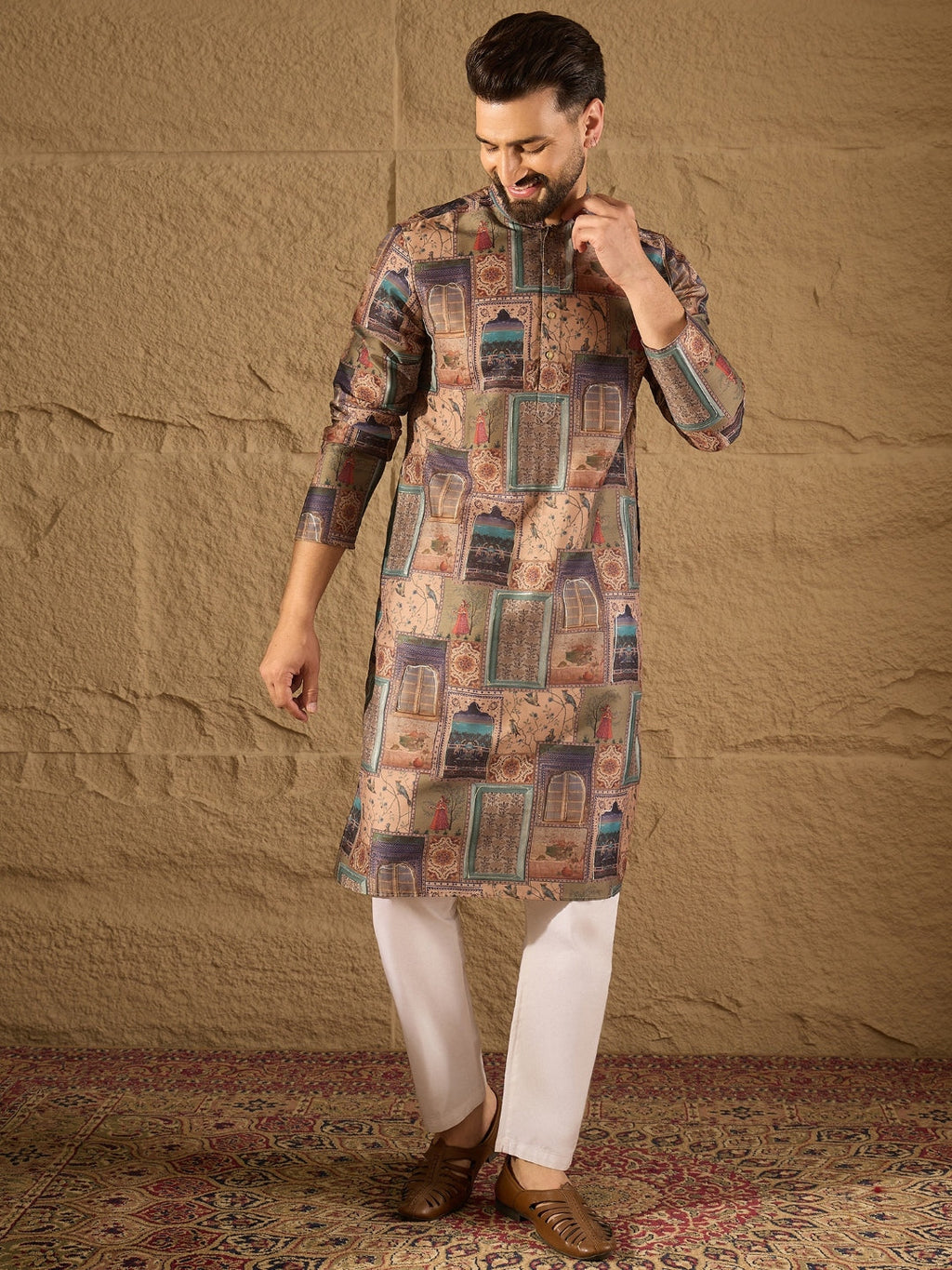 Men Multi Viscose Rayon Ethnic Motifs Embroidered Straight Kurta with Trouser-MKSET1306