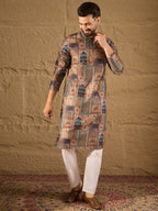 Men Multi Viscose Rayon Ethnic Motifs Embroidered Straight Kurta with Trouser-MKSET1306