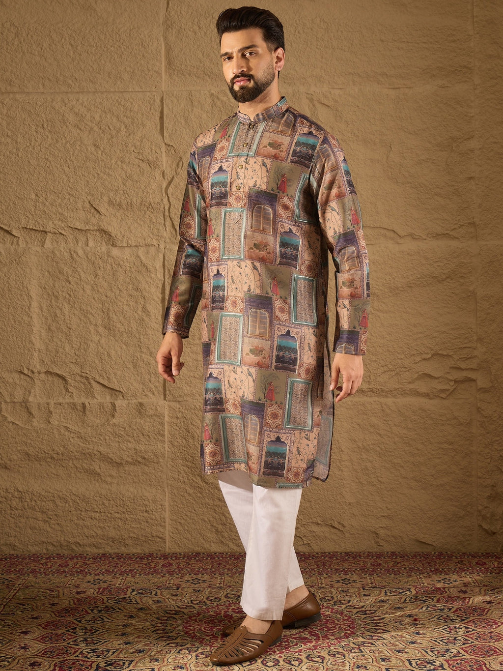 Men Multi Viscose Rayon Ethnic Motifs Embroidered Straight Kurta with Trouser-MKSET1306