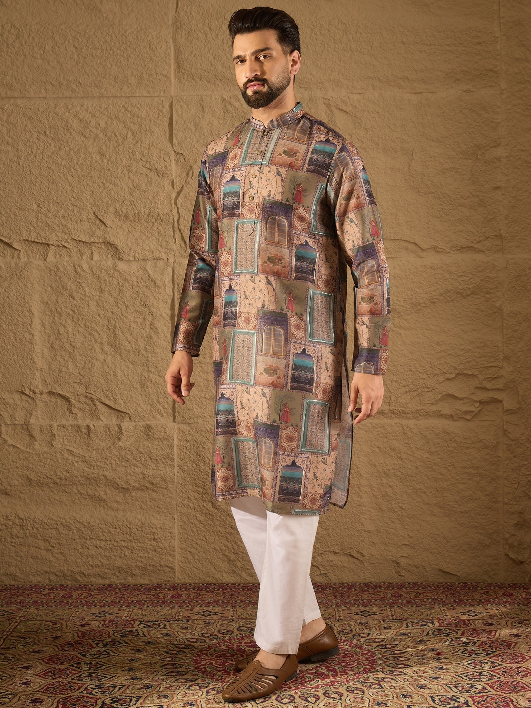 Men Multi Viscose Rayon Ethnic Motifs Embroidered Straight Kurta with Trouser-MKSET1306
