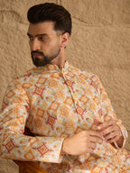 Men White Silk Blend Geometric Embroidered Straight Kurta with Trouser-MKSET1310