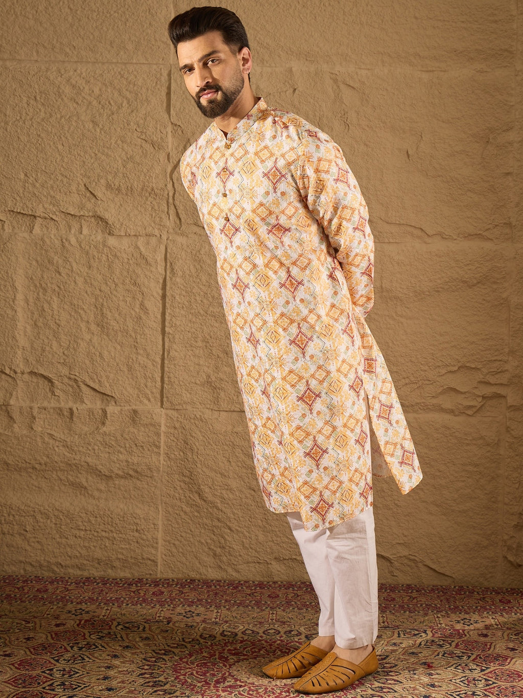 Men White Silk Blend Geometric Embroidered Straight Kurta with Trouser-MKSET1310