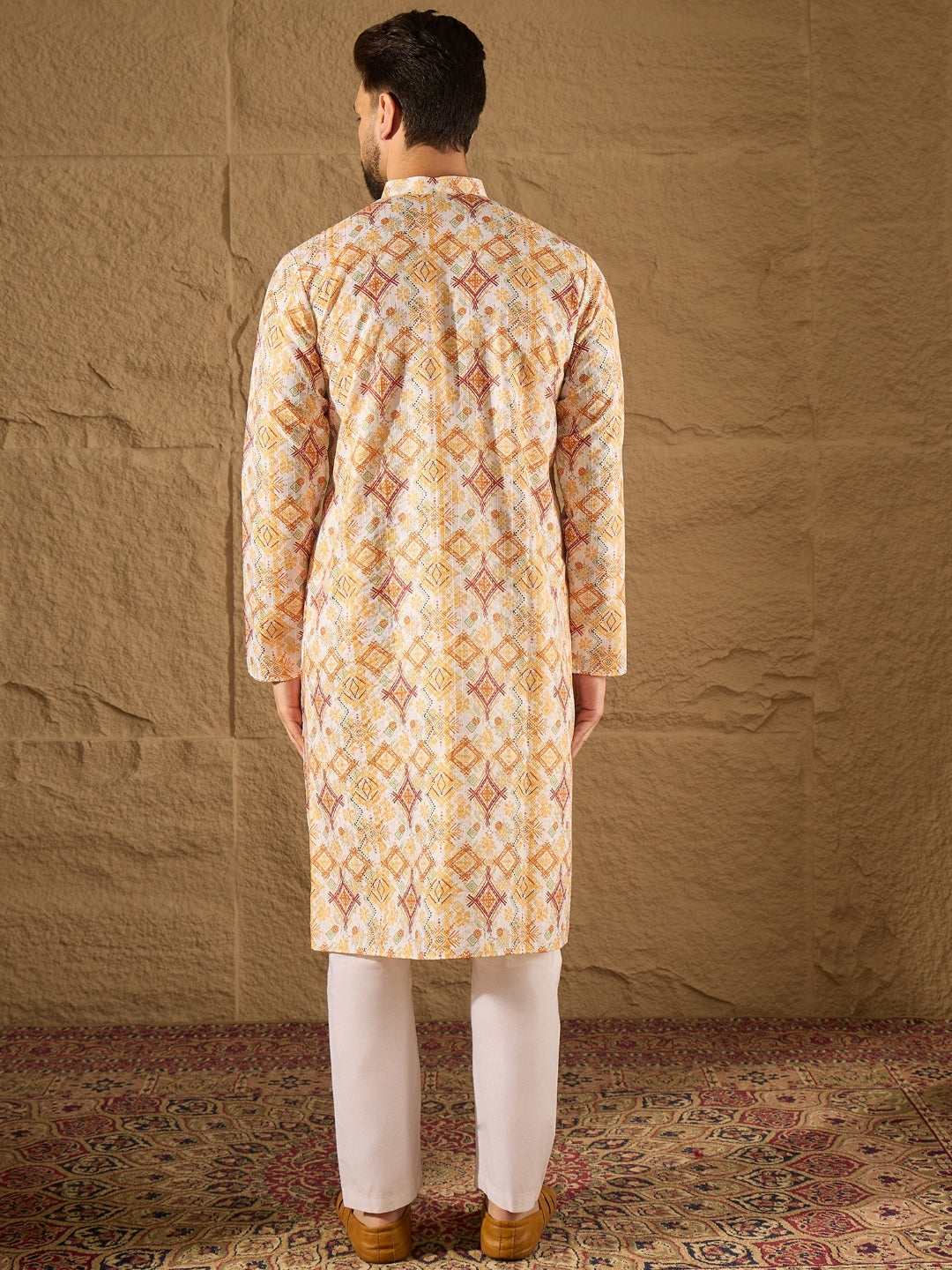 Men White Silk Blend Geometric Embroidered Straight Kurta with Trouser-MKSET1310