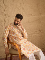 Men White Silk Blend Geometric Embroidered Straight Kurta with Trouser-MKSET1310
