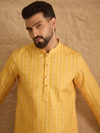 Men Yellow Silk Blend Geometric Embroidered Straight Kurta with Trouser-MKSET1313
