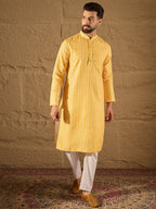 Men Yellow Silk Blend Geometric Embroidered Straight Kurta with Trouser-MKSET1313