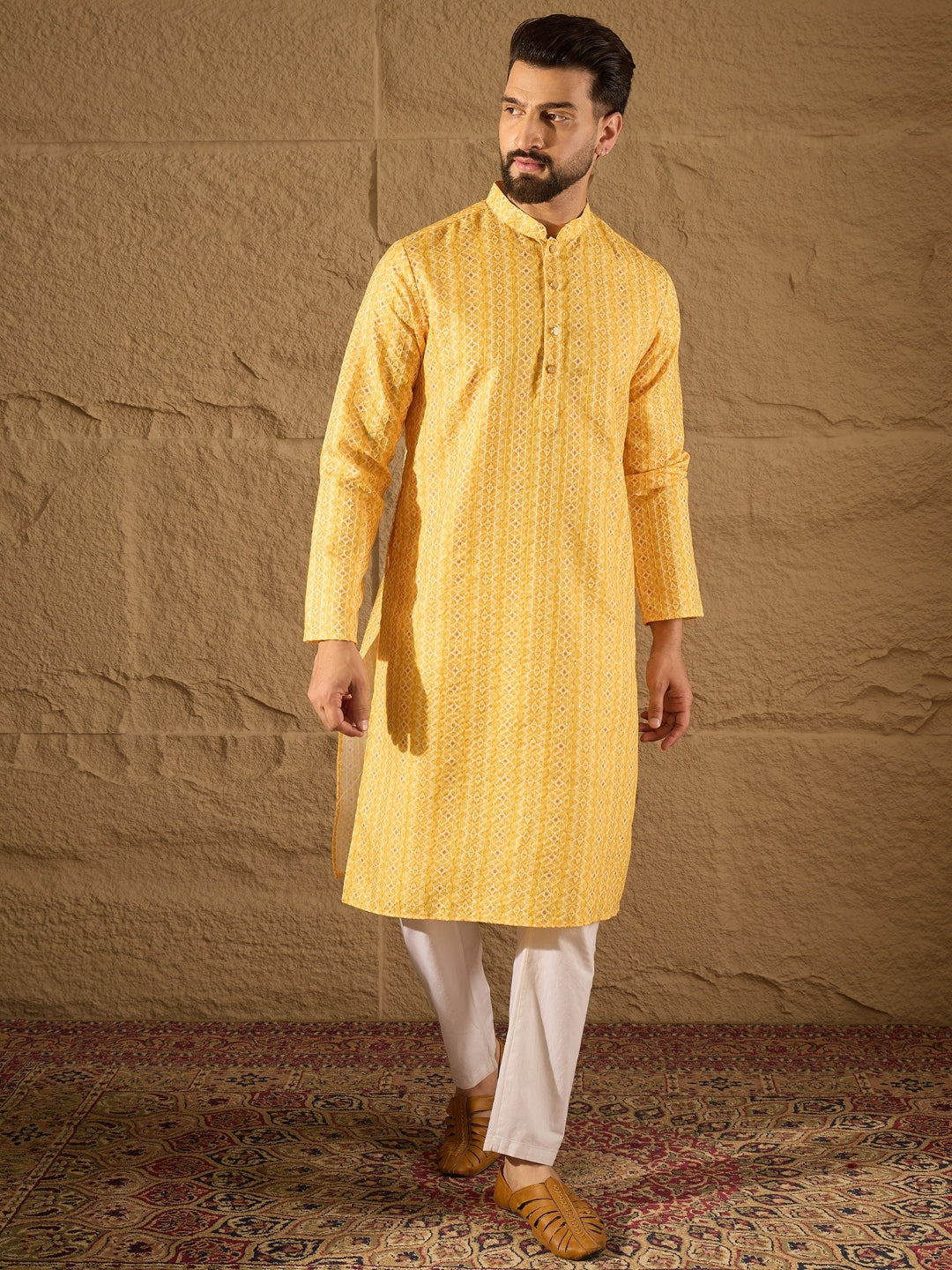 Men Yellow Silk Blend Geometric Embroidered Straight Kurta with Trouser-MKSET1313