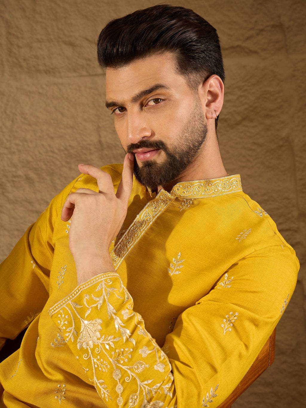 Men Yellow Chanderi Silk Solid Embroidered Straight Kurta with Trouser-MKSET1314
