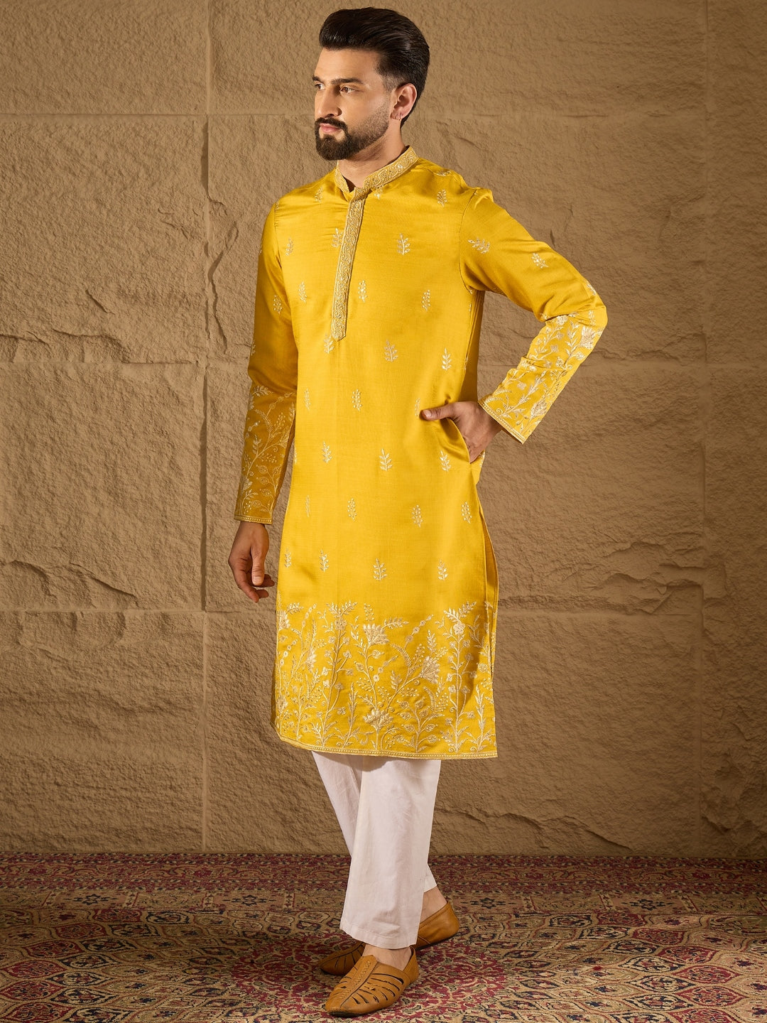 Men Yellow Chanderi Silk Solid Embroidered Straight Kurta with Trouser-MKSET1314