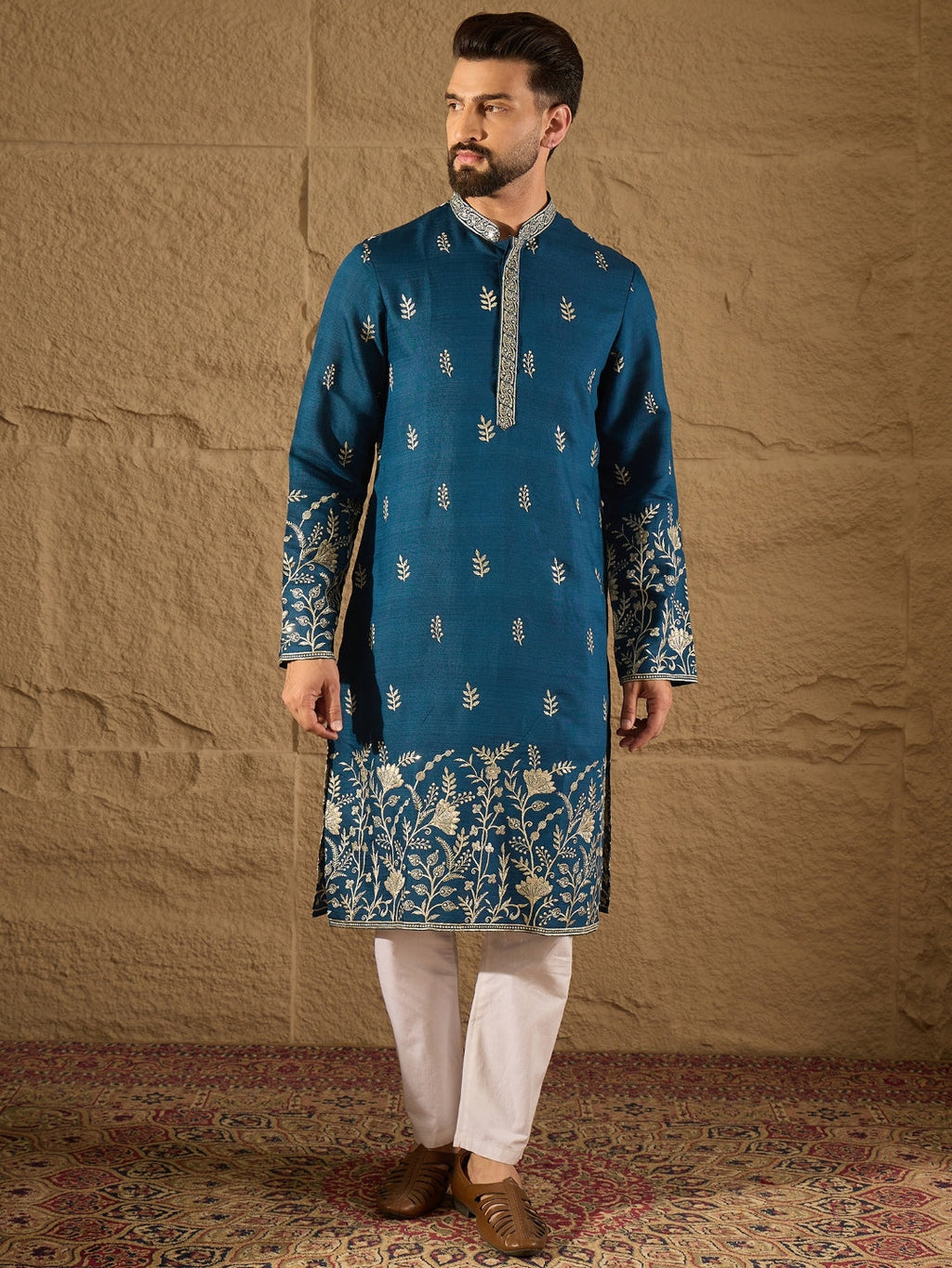 Men Blue Chanderi Silk Solid Embroidered Straight Kurta with Trouser-MKSET1315