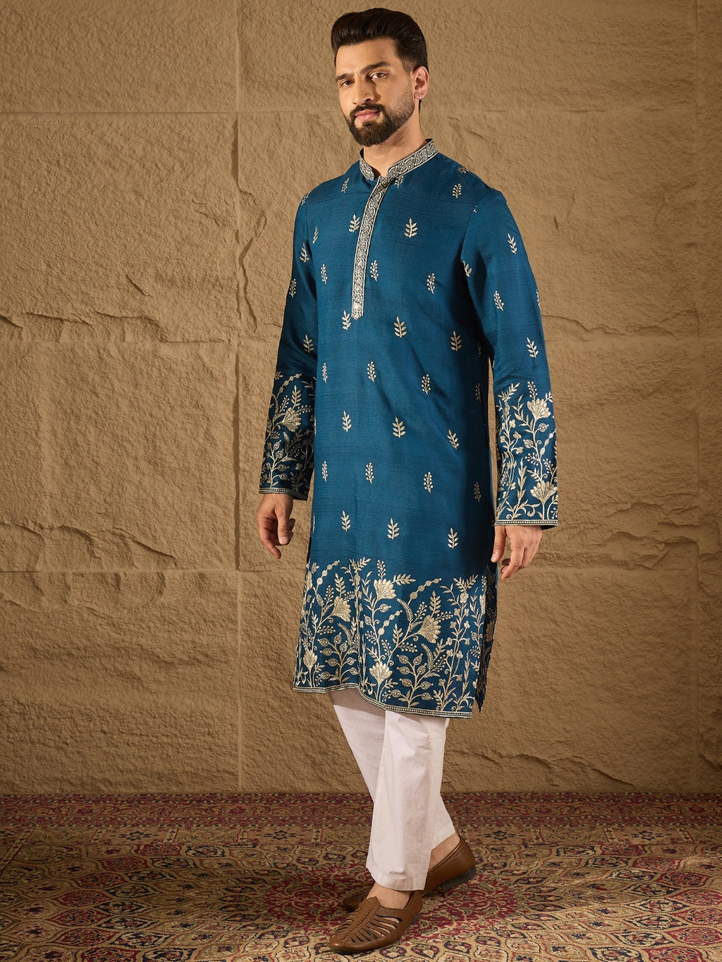 Men Blue Chanderi Silk Solid Embroidered Straight Kurta with Trouser-MKSET1315