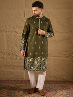 Men Olive Chanderi Silk Solid Embroidered Straight Kurta with Trouser-MKSET1319