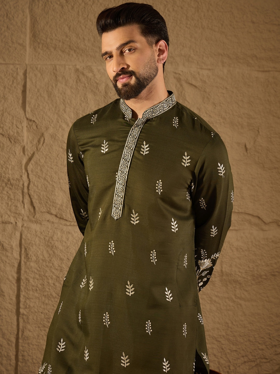 Men Olive Chanderi Silk Solid Embroidered Straight Kurta with Trouser-MKSET1319