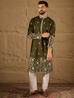 Men Olive Chanderi Silk Solid Embroidered Straight Kurta with Trouser-MKSET1319
