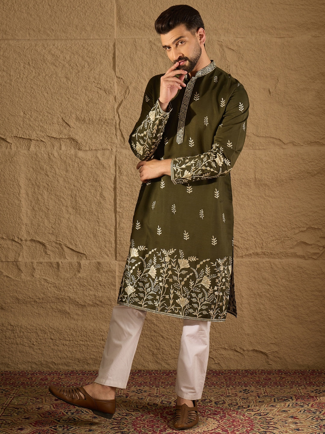 Men Olive Chanderi Silk Solid Embroidered Straight Kurta with Trouser-MKSET1319
