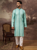 Men Blue Viscose Rayon Solid Embroidered Straight Kurta with Trouser-MKSET1324