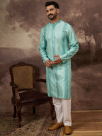 Men Blue Viscose Rayon Solid Embroidered Straight Kurta with Trouser-MKSET1324