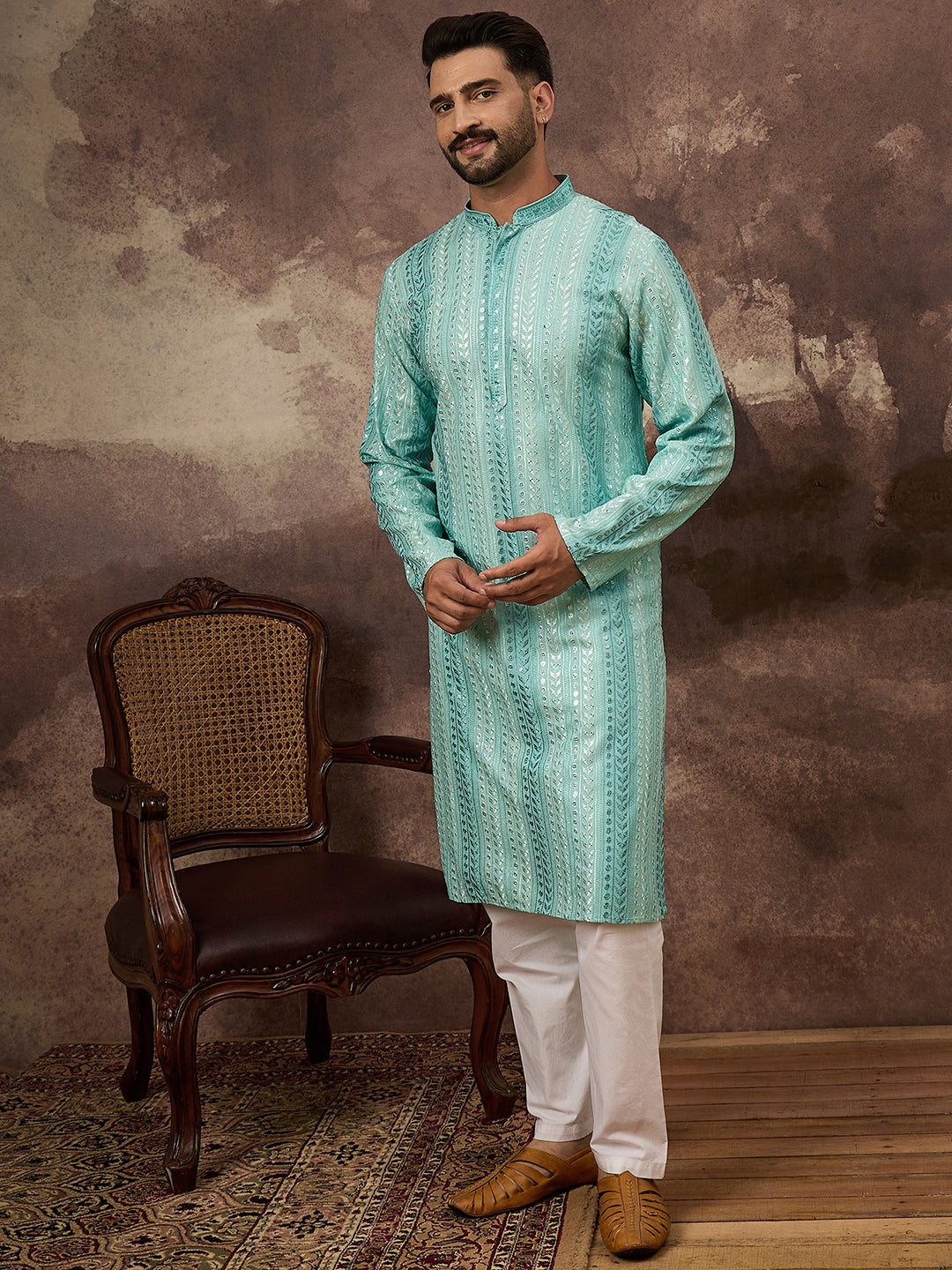 Men Blue Viscose Rayon Solid Embroidered Straight Kurta with Trouser-MKSET1324