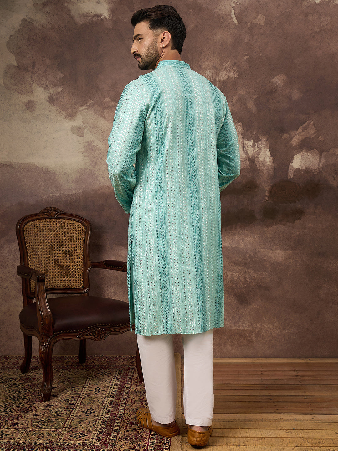 Men Blue Viscose Rayon Solid Embroidered Straight Kurta with Trouser-MKSET1324