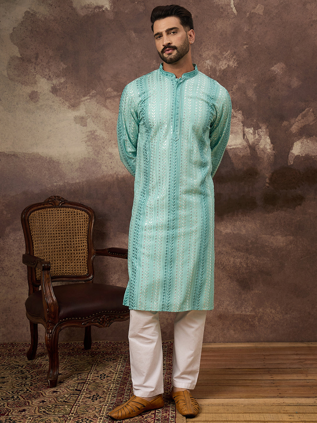 Men Blue Viscose Rayon Solid Embroidered Straight Kurta with Trouser-MKSET1324