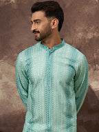 Men Blue Viscose Rayon Solid Embroidered Straight Kurta with Trouser-MKSET1324