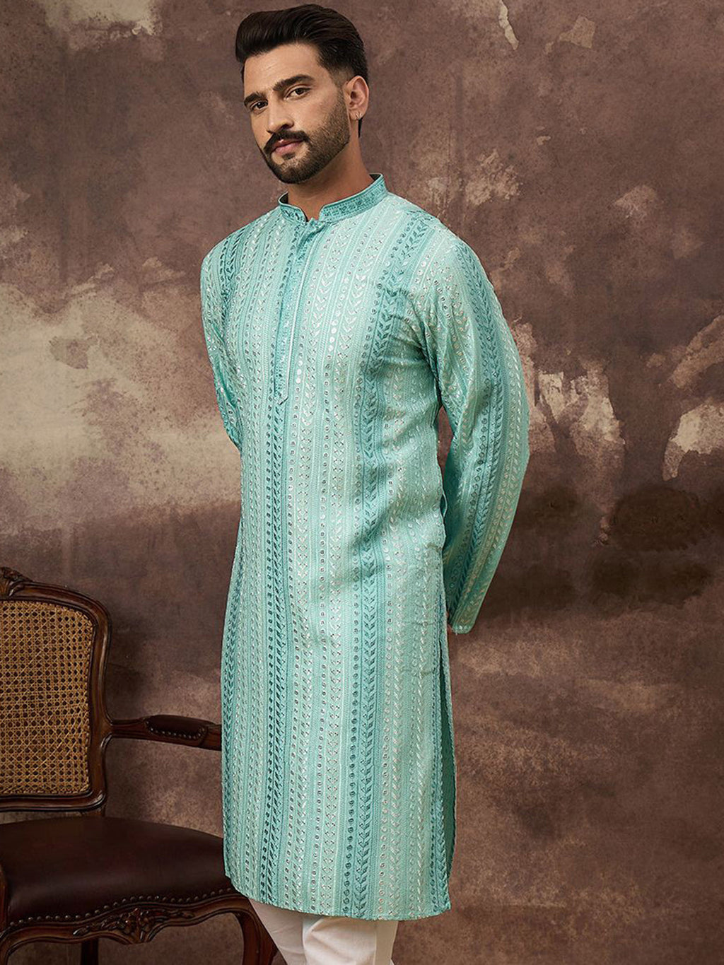 Men Blue Viscose Rayon Solid Embroidered Straight Kurta with Trouser-MKSET1324